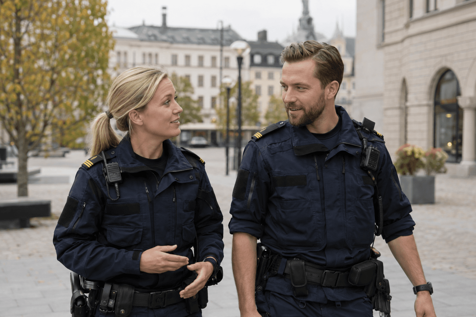 Två poliskollegor i samtal på ett torg. Illustrationsbild.